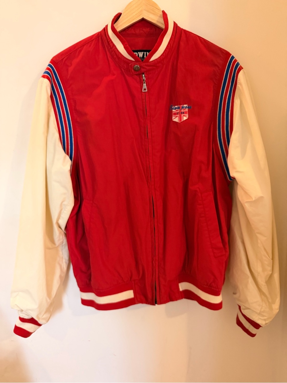 Unisex Medium Red & Cream Varsity Jacket with Stripe Detail